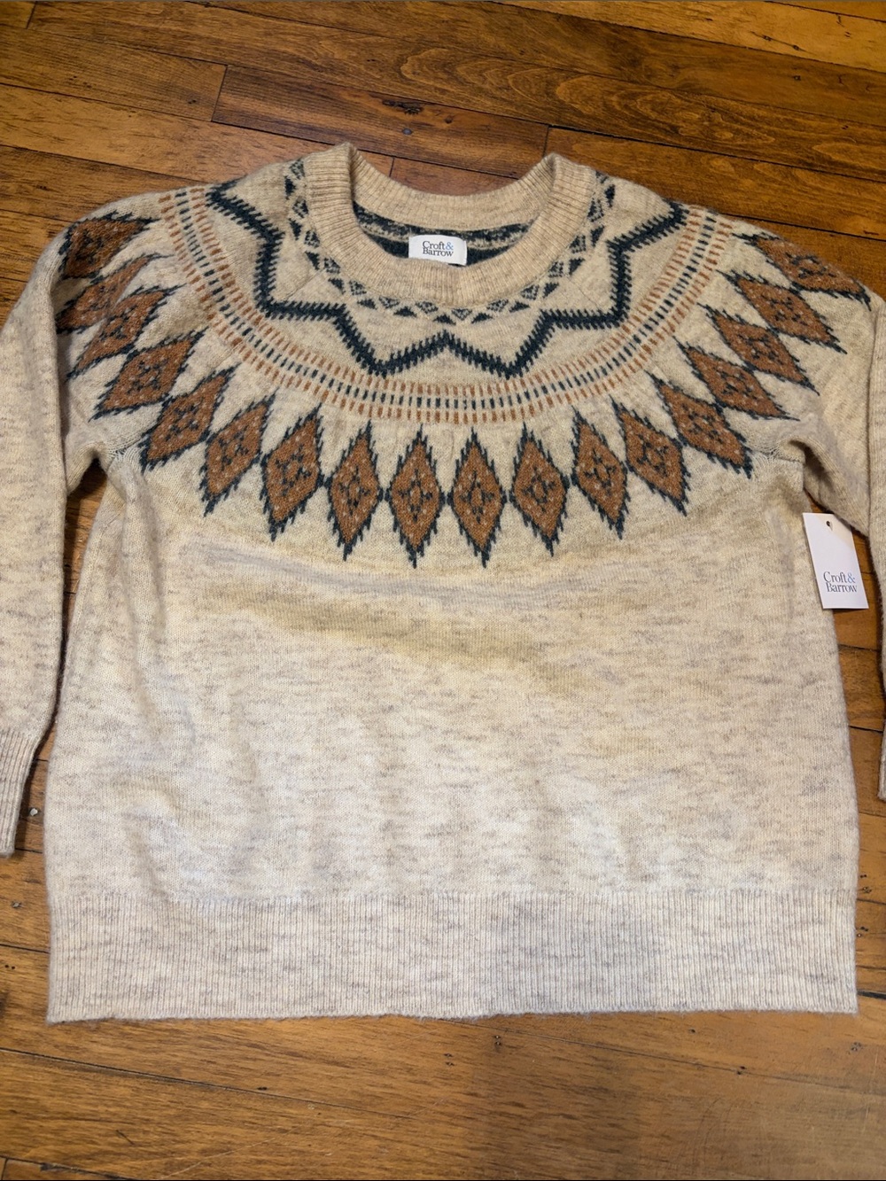Croft & Barrow Cream Crewneck Sweater with Brown & Blue Accents